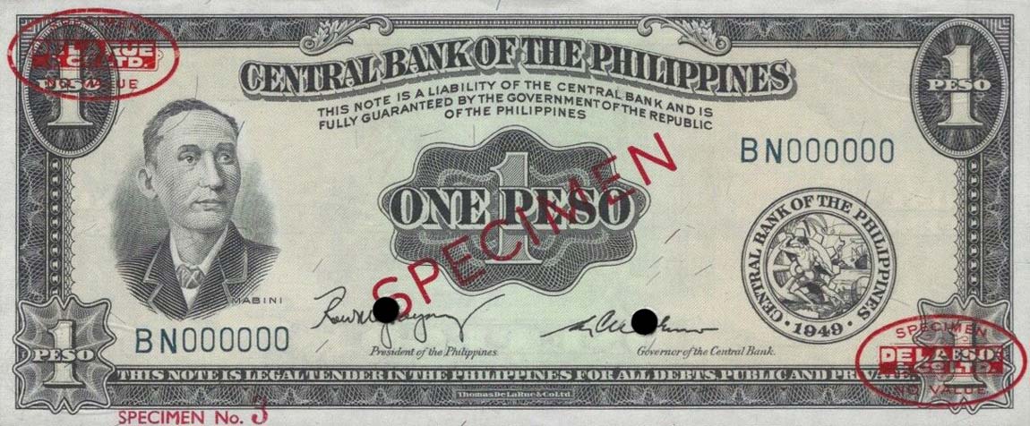 Front of Philippines p133s3: 1 Peso from 1949