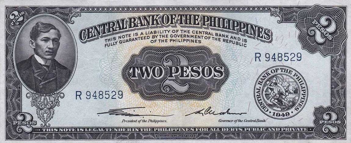 Front of Philippines p134a: 2 Pesos from 1949