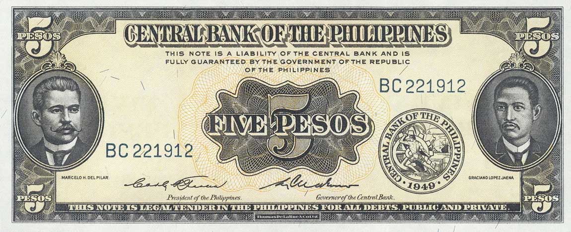 Front of Philippines p135c: 5 Pesos from 1949