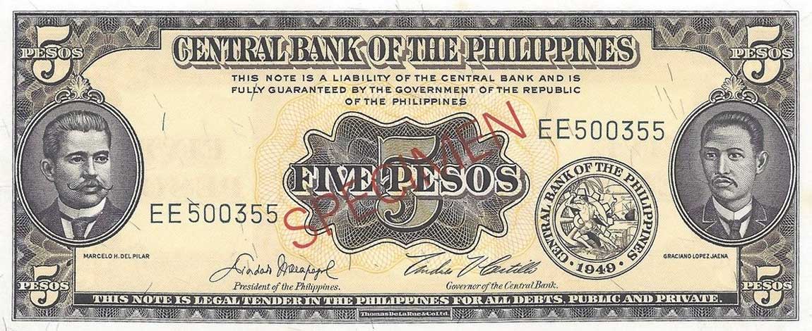 Front of Philippines p135s1: 5 Pesos from 1949