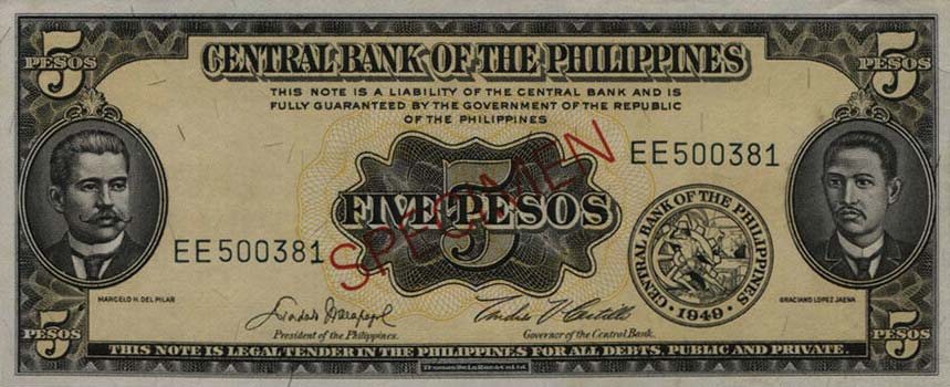 Front of Philippines p135s4: 5 Pesos from 1949