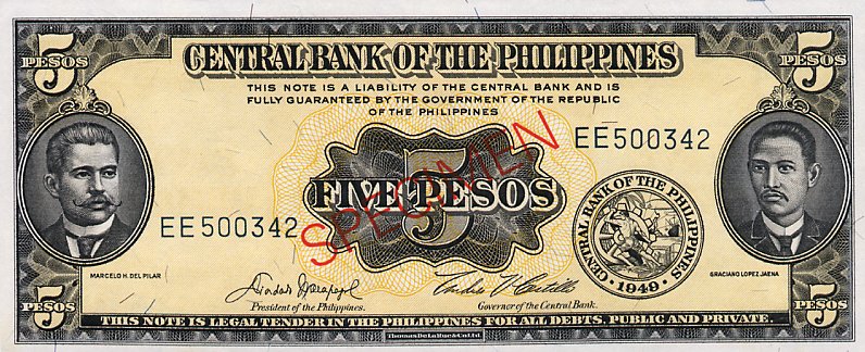 Front of Philippines p135s5: 5 Pesos from 1949