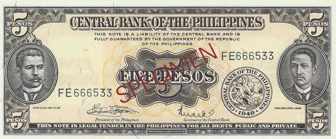 Front of Philippines p135s6: 5 Pesos from 1949