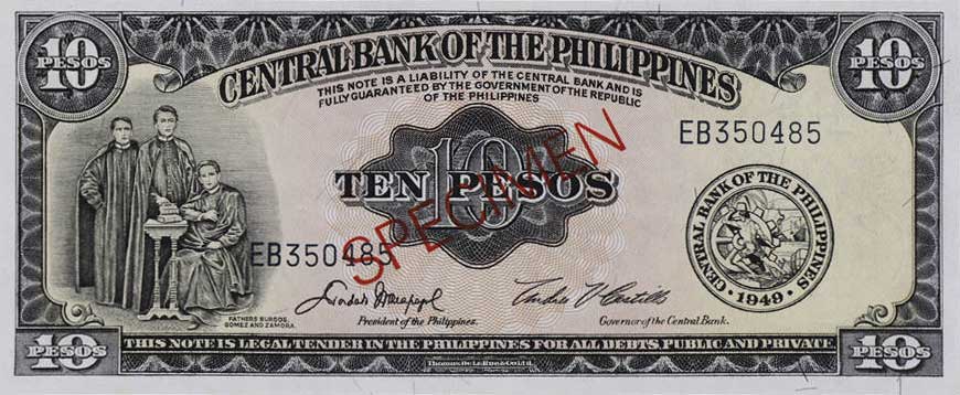 Front of Philippines p136s7: 10 Pesos from 1949