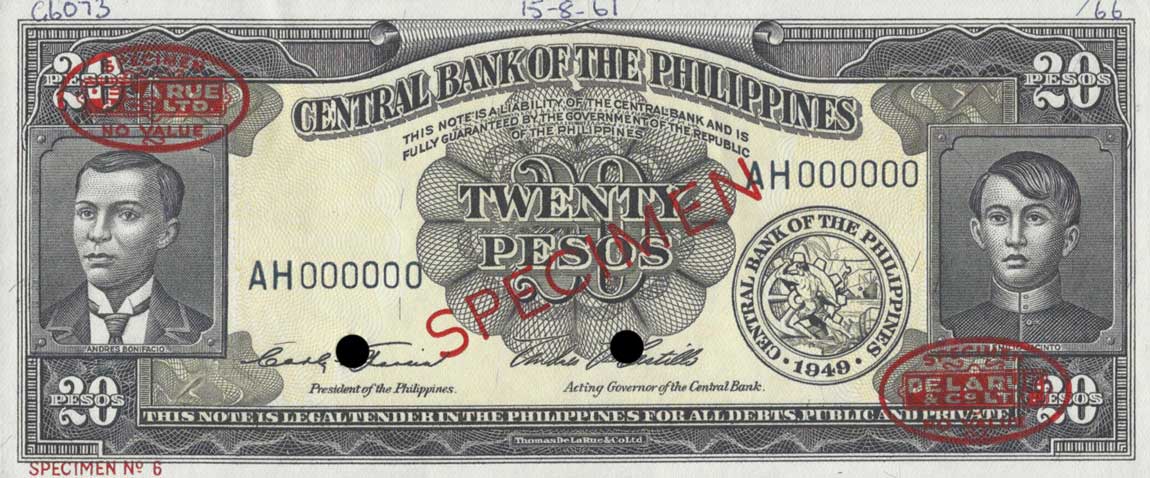 PHILIPPINES 20 PESOS P137 D 1949 FLAG MONUMENT UNC *TONE FILIPINO MONEY BIL NOTE