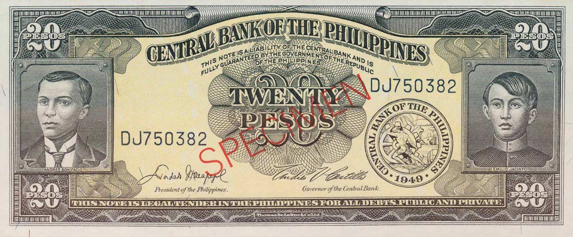 Front of Philippines p137s3: 20 Pesos from 1949