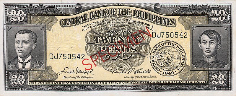 Front of Philippines p137s5: 20 Pesos from 1949