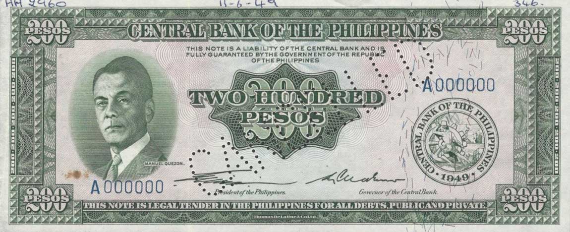 Front of Philippines p140s: 200 Pesos from 1949