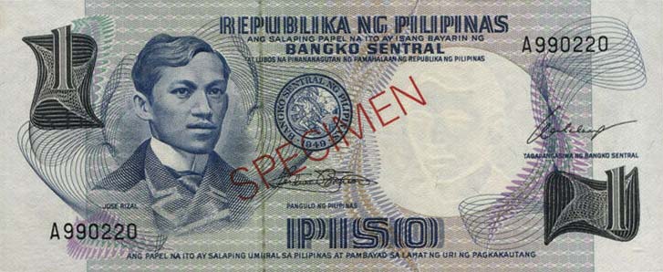 Front of Philippines p142s1: 1 Piso from 1969