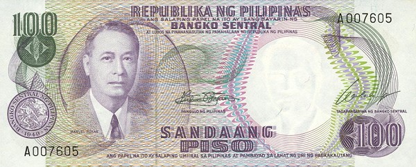 Front of Philippines p147a: 100 Piso from 1969