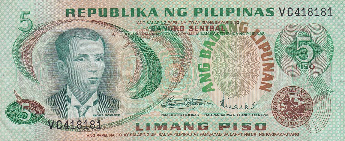 Front of Philippines p160a: 5 Piso from 1978