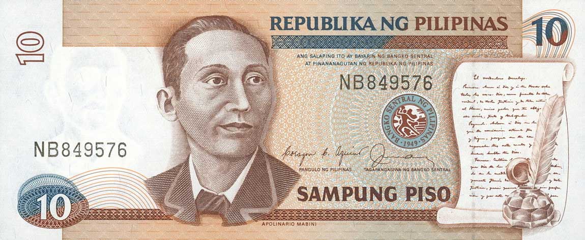 Front of Philippines p169b: 10 Piso from 1985