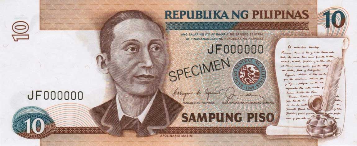 Front of Philippines p169s1: 10 Piso from 1985