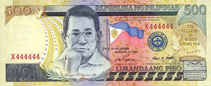 Front of Philippines p185a: 500 Piso from 1998