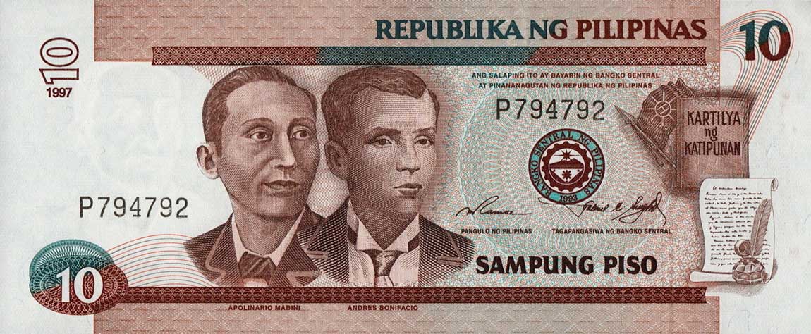 Front of Philippines p187a: 10 Piso from 1997