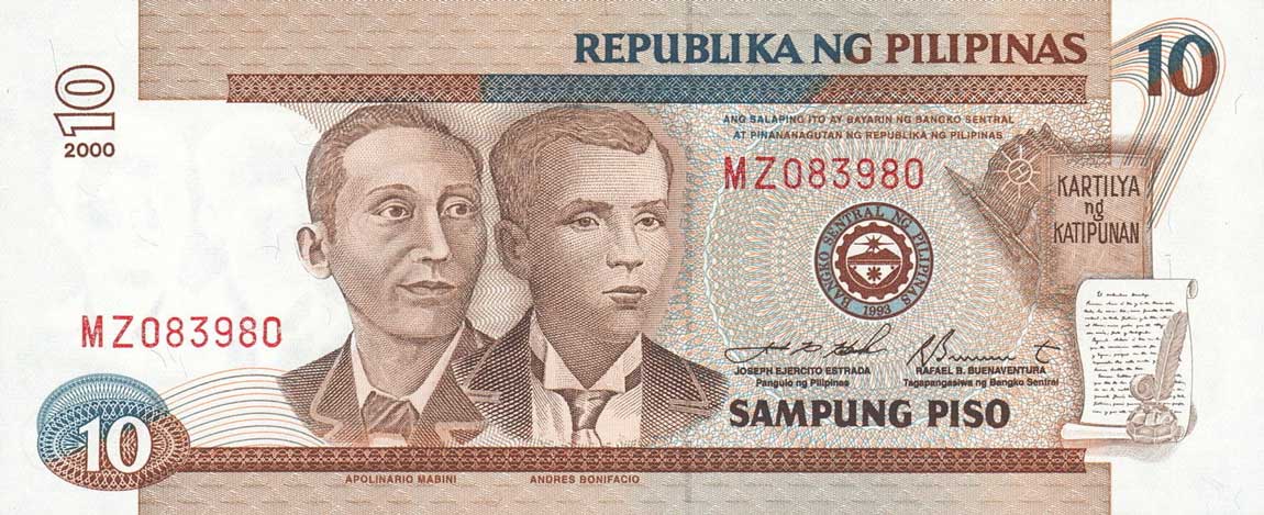 Front of Philippines p187f: 10 Piso from 1999