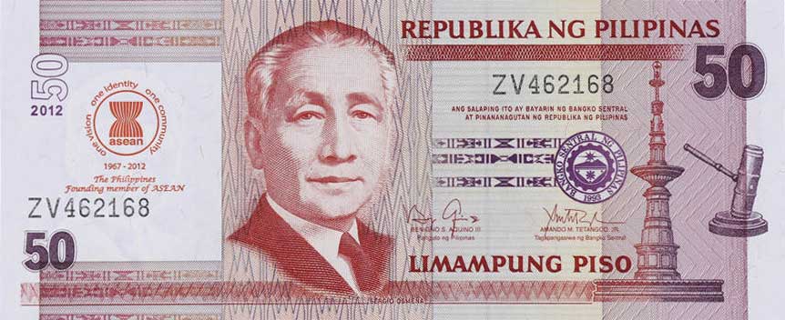 Front of Philippines p211A: 50 Piso from 2012