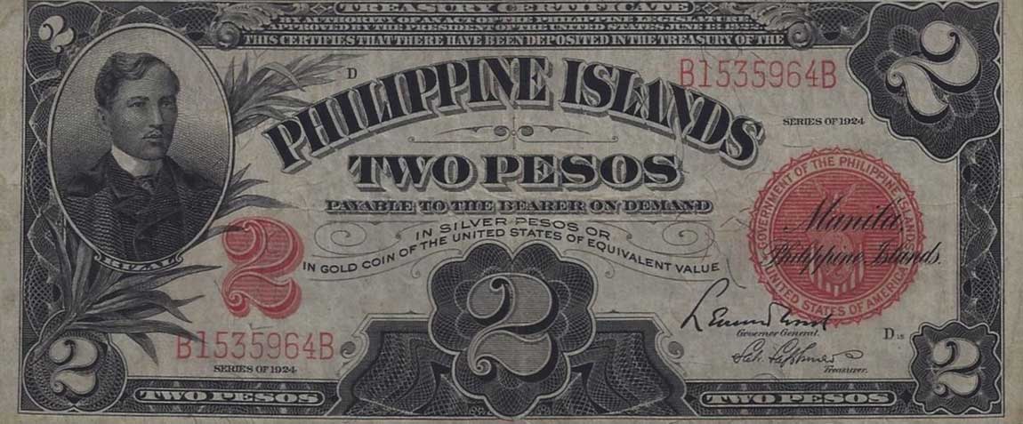 Front of Philippines p69b: 2 Pesos from 1924