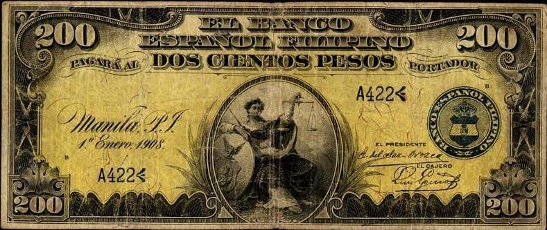Front of Philippines p6: 200 Pesos from 1908