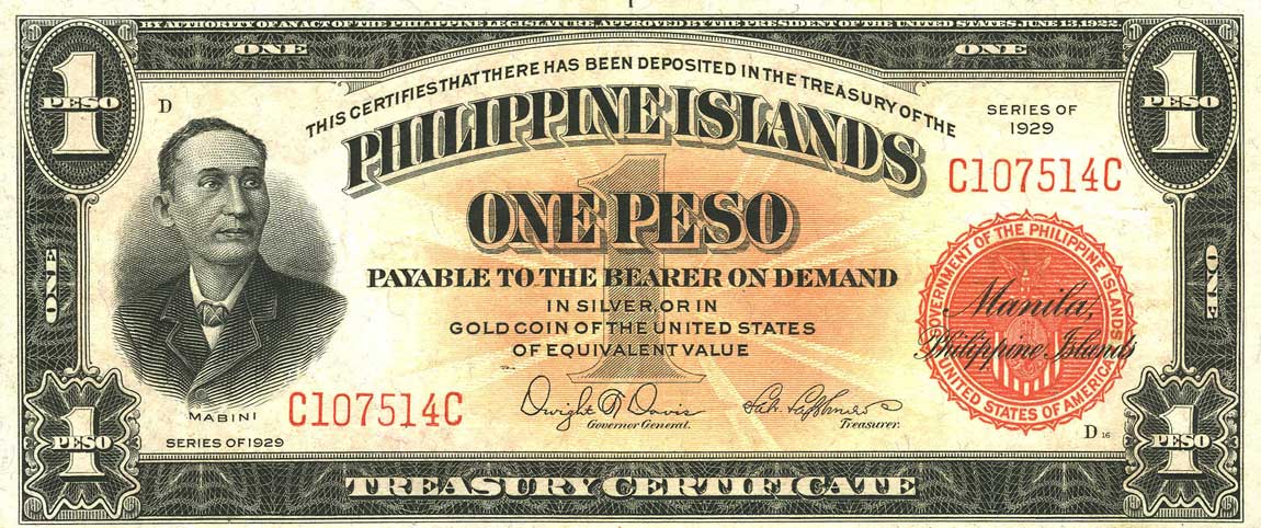 Front of Philippines p73a: 1 Peso from 1929
