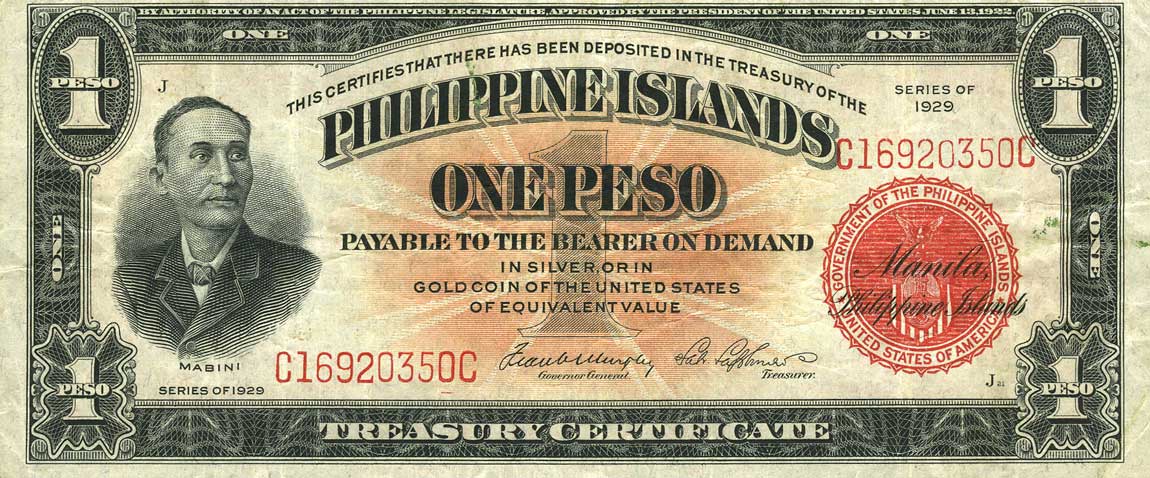Front of Philippines p73c: 1 Peso from 1929