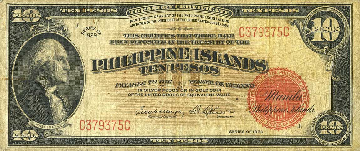 Front of Philippines p76a: 10 Pesos from 1929