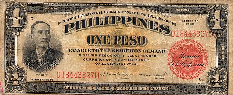 Front of Philippines p81a: 1 Peso from 1936
