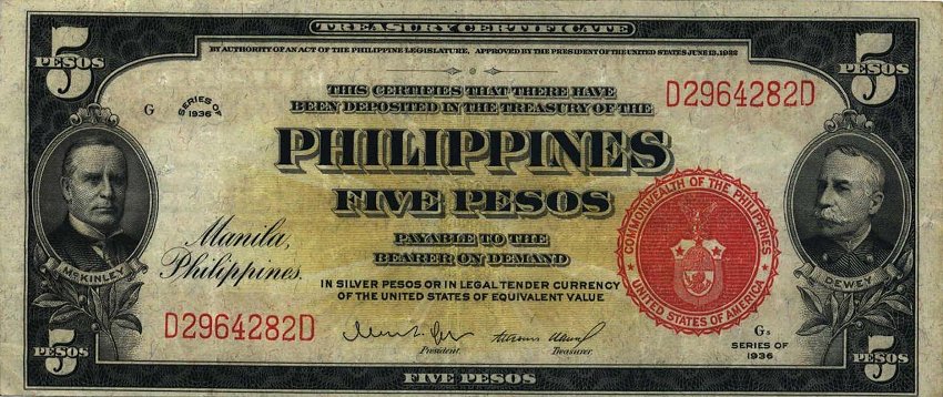Front of Philippines p83a: 5 Pesos from 1936