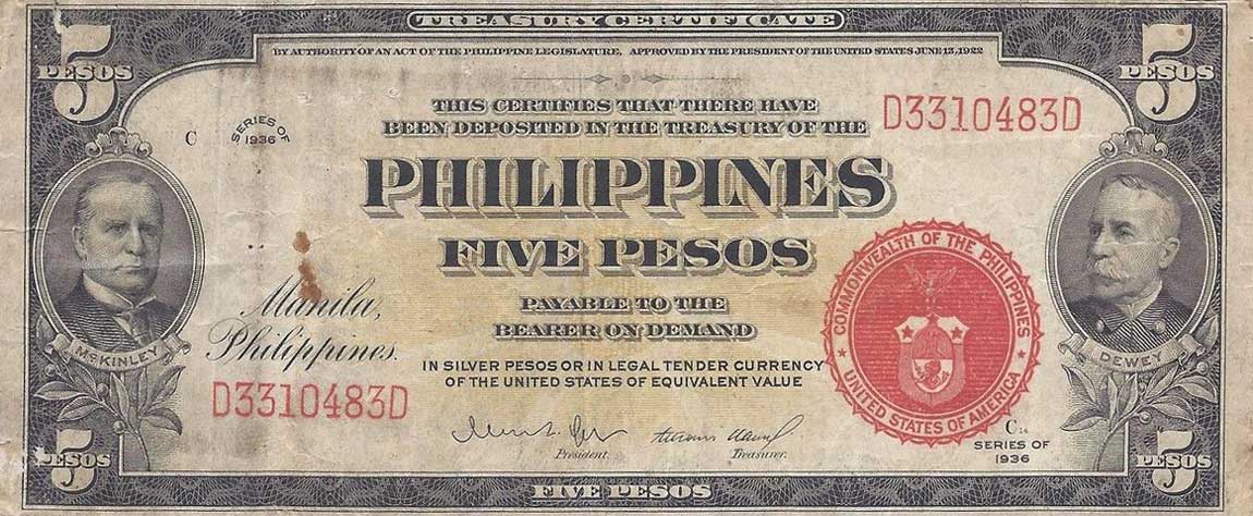 Front of Philippines p83b: 5 Pesos from 1936