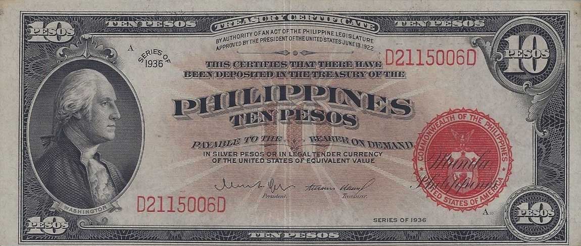 Front of Philippines p84b: 10 Pesos from 1936