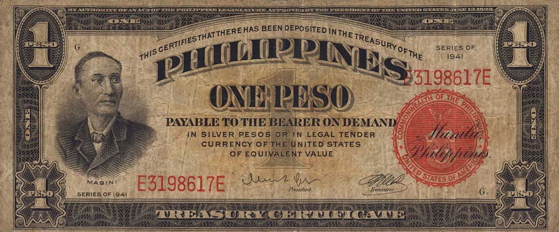 Front of Philippines p89a: 1 Peso from 1941