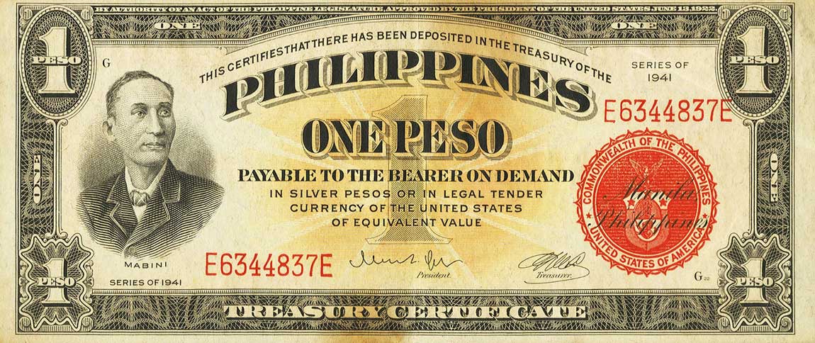 Front of Philippines p89c: 1 Peso from 1941