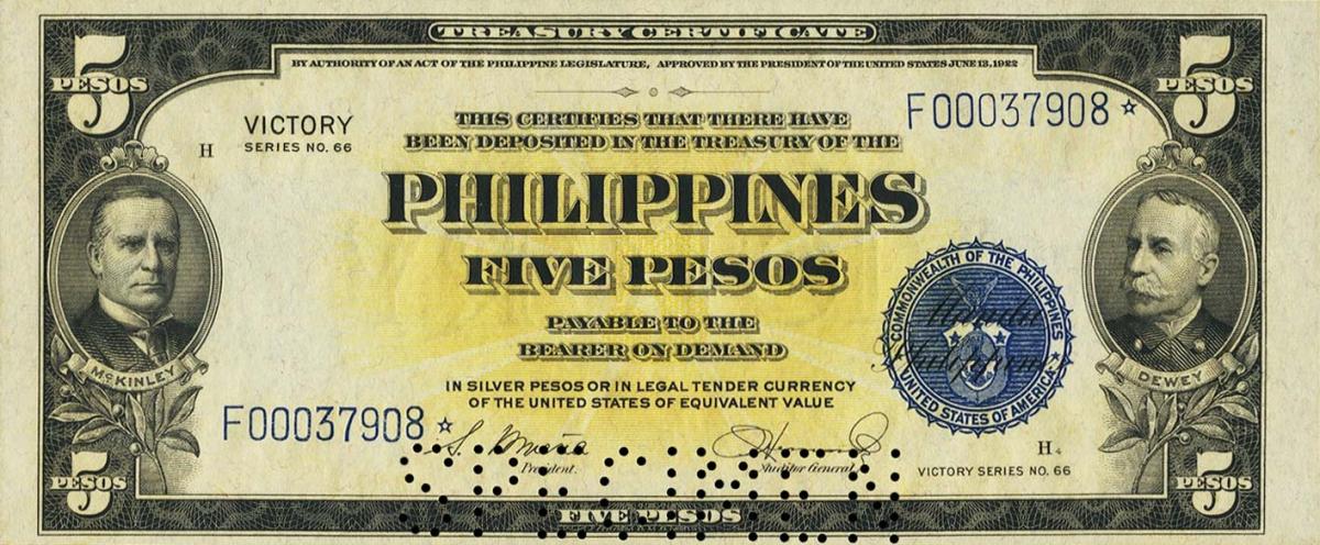 Front of Philippines p96s: 5 Pesos from 1944