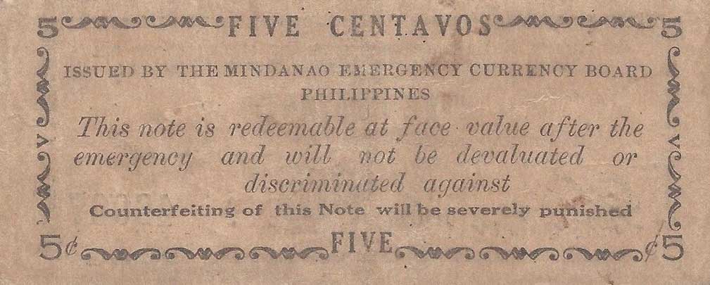 Back of Philippines pS481b: 5 Centavos from 1943