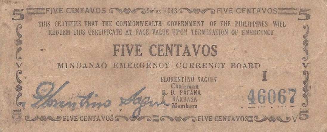 Front of Philippines pS481b: 5 Centavos from 1943