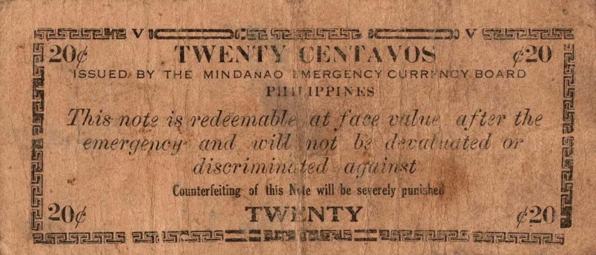 Back of Philippines pS483a: 20 Centavos from 1943