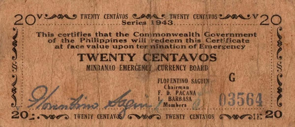 Front of Philippines pS483a: 20 Centavos from 1943