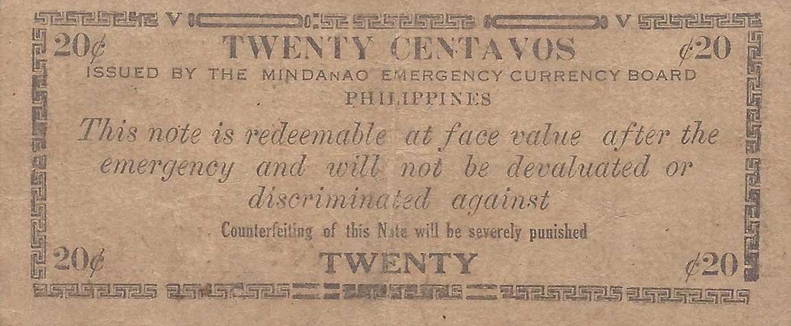 Back of Philippines pS483b: 20 Centavos from 1943