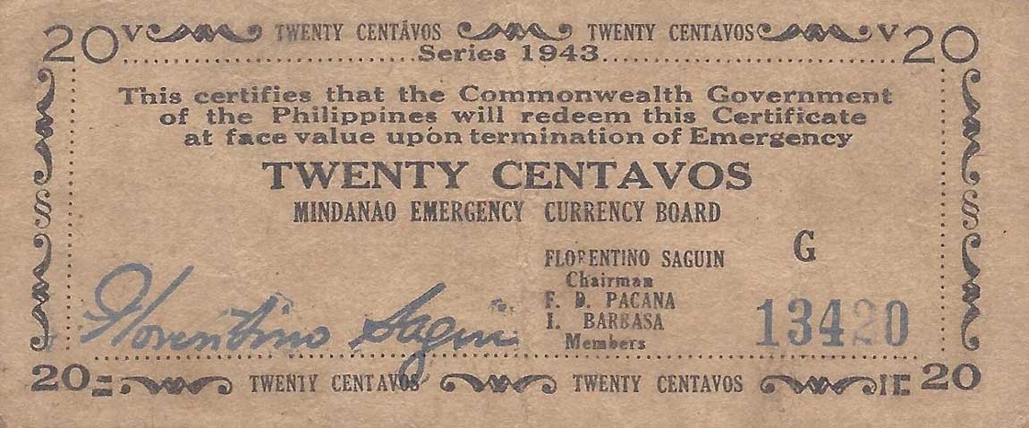 Front of Philippines pS483b: 20 Centavos from 1943