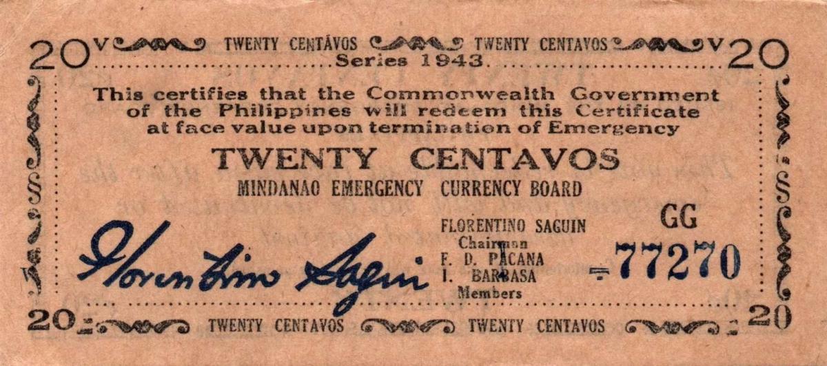 Front of Philippines pS493: 20 Centavos from 1943