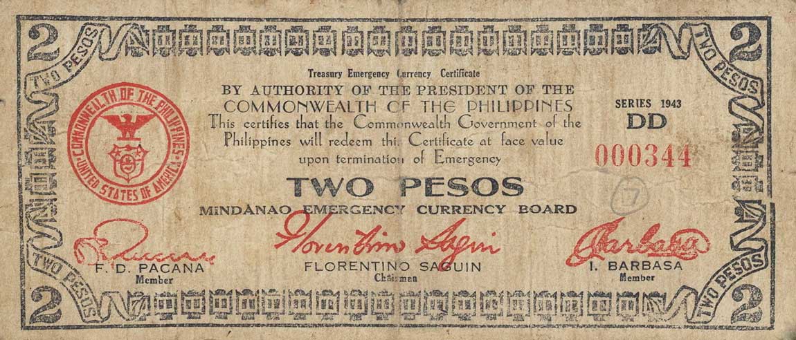 Front of Philippines pS496: 2 Pesos from 1943