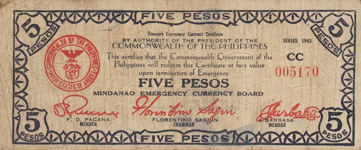 Front of Philippines pS497: 5 Pesos from 1943