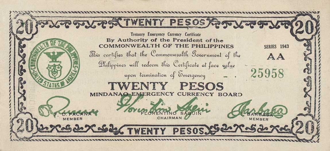 Front of Philippines pS499a: 20 Pesos from 1943