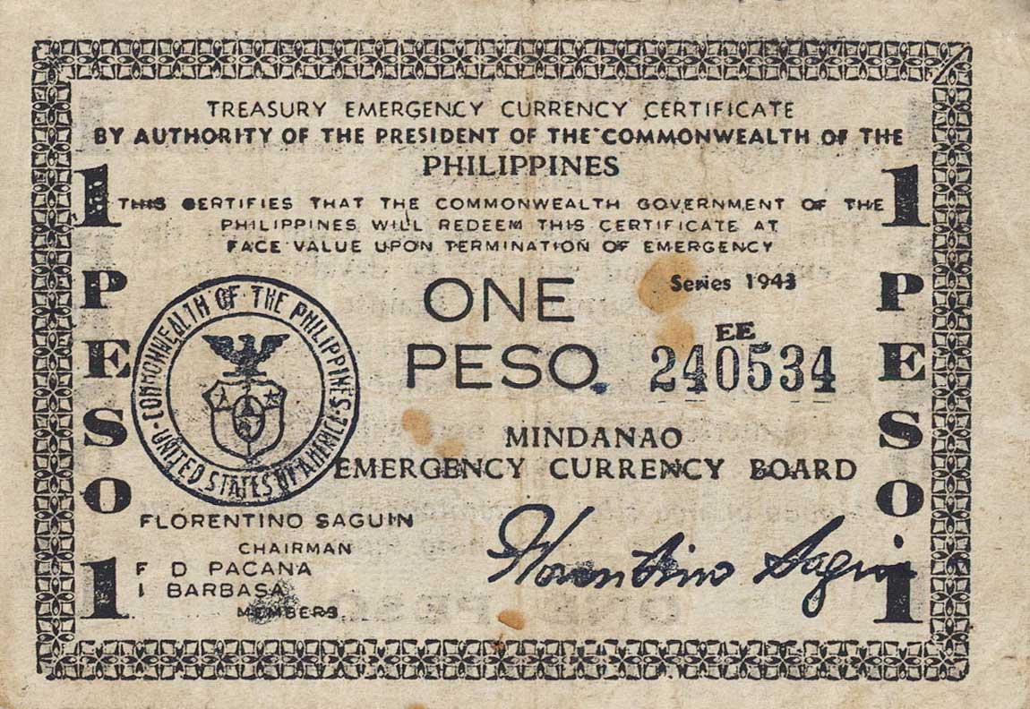 Front of Philippines pS505: 1 Peso from 1943