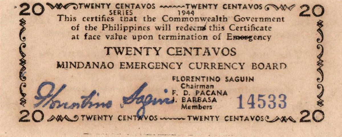 Front of Philippines pS521: 20 Centavos from 1944