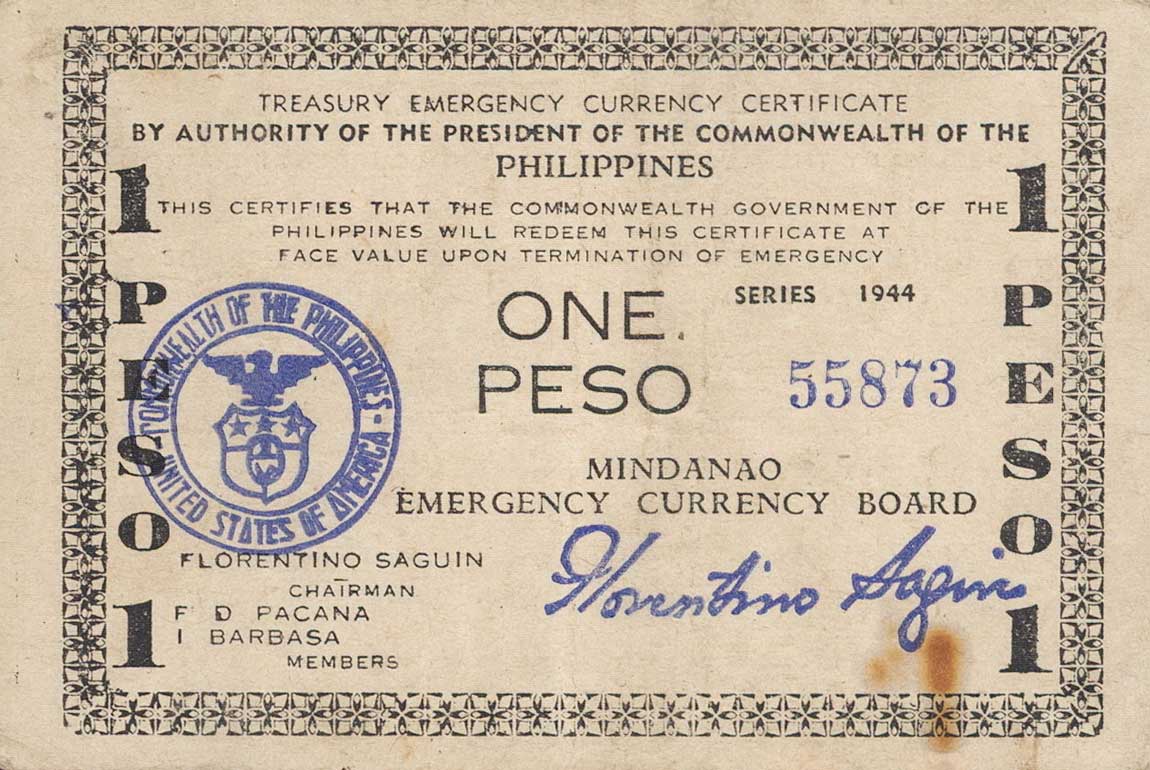 Front of Philippines pS523b: 1 Peso from 1944