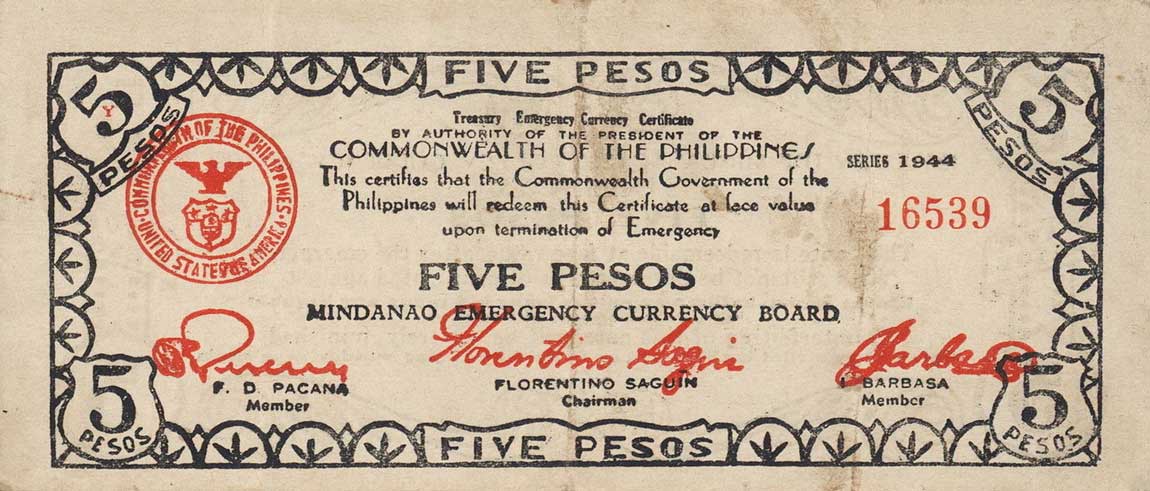 Front of Philippines pS525a: 5 Pesos from 1944