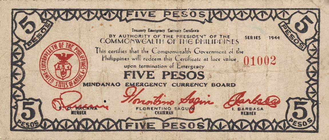 Front of Philippines pS526a: 5 Pesos from 1944