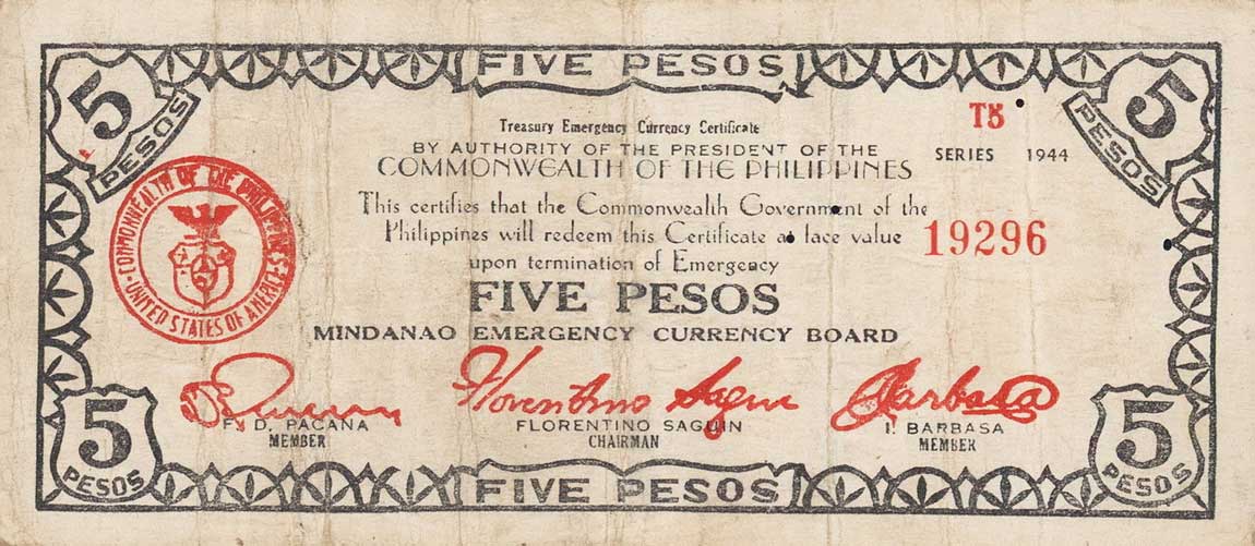 Front of Philippines pS526c: 5 Pesos from 1944