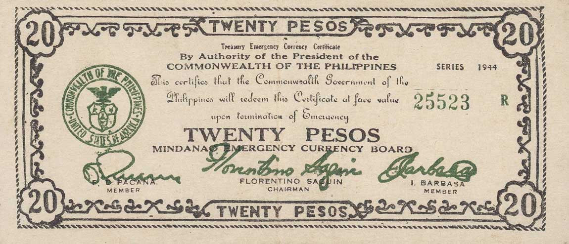 Front of Philippines pS528b: 20 Pesos from 1944